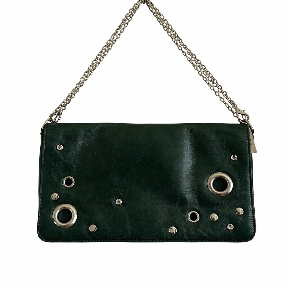 HOBO INTERNATIONAL DEEP GREEN RIVET GROMMET DETAILED LEATHER BAGUETTE PURSE